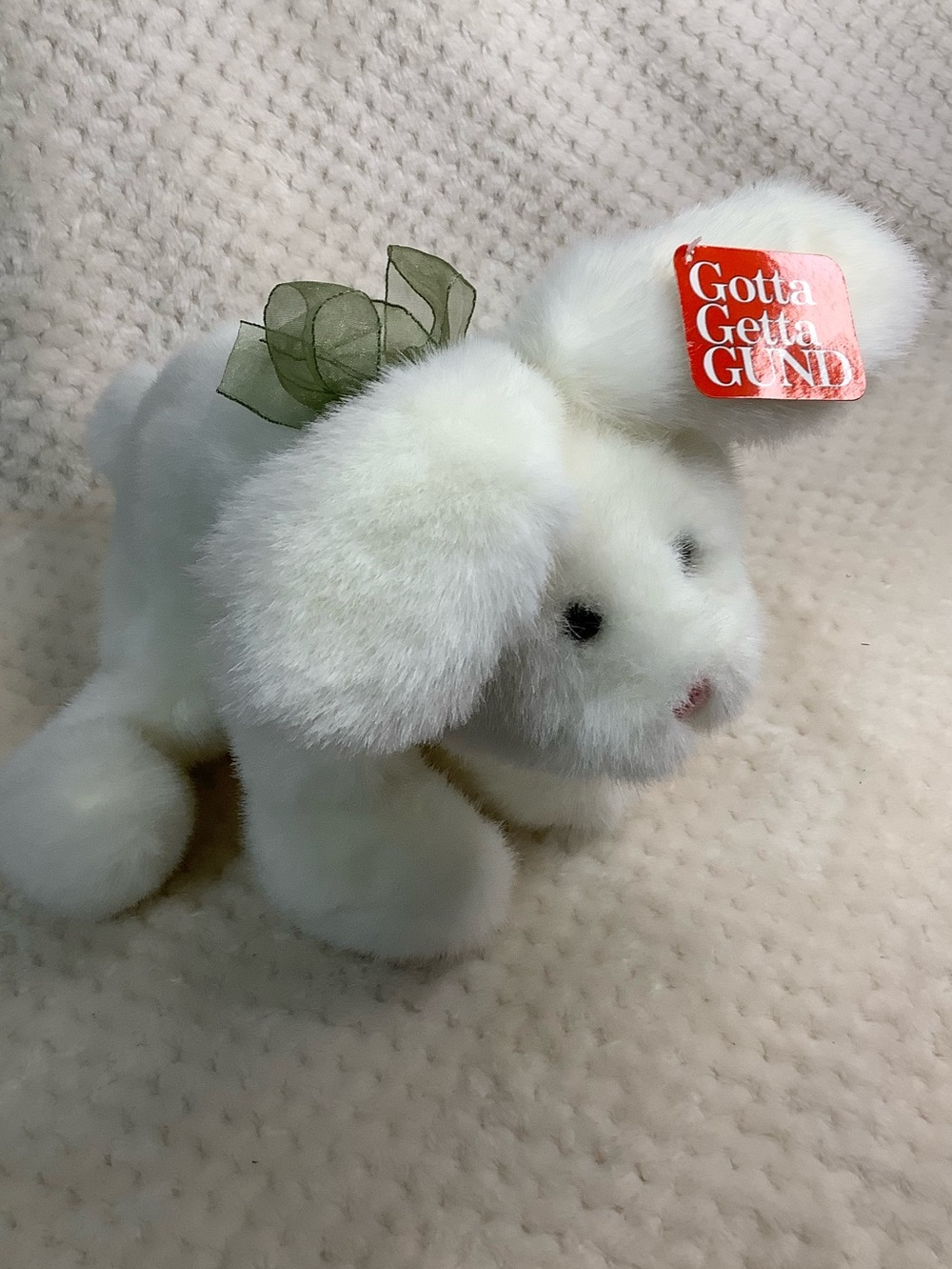 GUND White Plush Bunny with Green Bow 3676 Brewster Stuffed Animal Toy with Tags